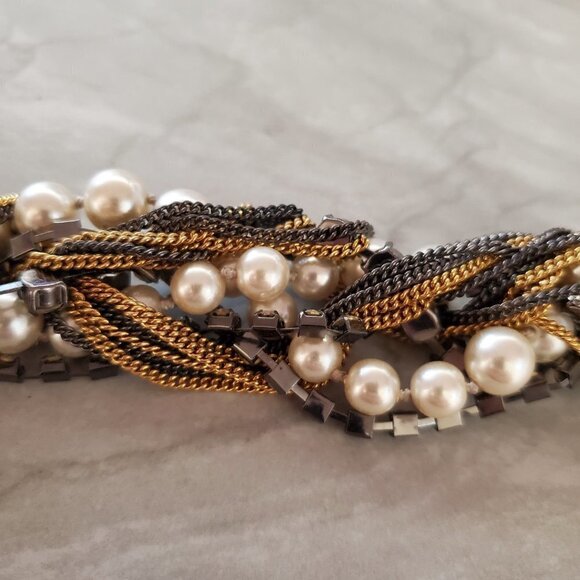 ✨ Vintage J.Crew Pearl Chain Twisted Rhinestones Crystals Statement Bracelet ✨ - Picture 9 of 12